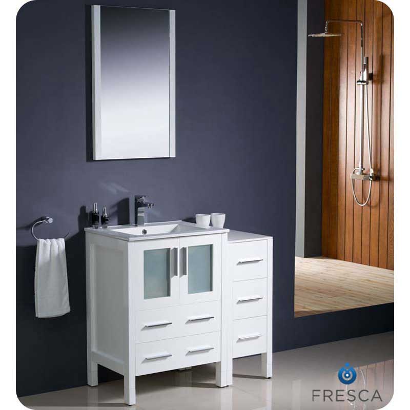 Fresca FVN62-2412WH-UNS Torino 36" White Modern Bathroom Vanity with Side Cabinet & Integrated Sink
