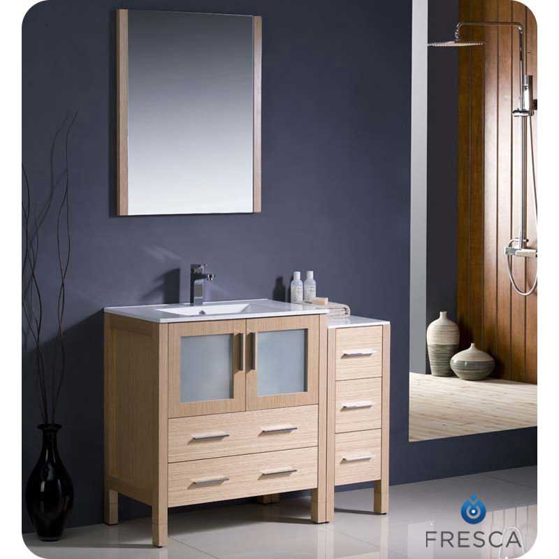Fresca FVN62-3012LO-UNS Torino 42" Light Oak Modern Bathroom Vanity with Side Cabinet & Integrated Sink