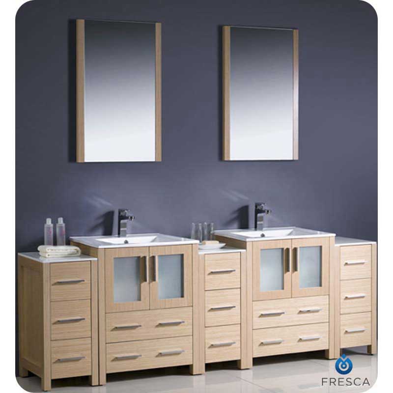 Fresca FVN62-72LO-UNS Torino 84" Light Oak Modern Double Sink Bathroom Vanity with 3 Side Cabinets & Integrated Sinks