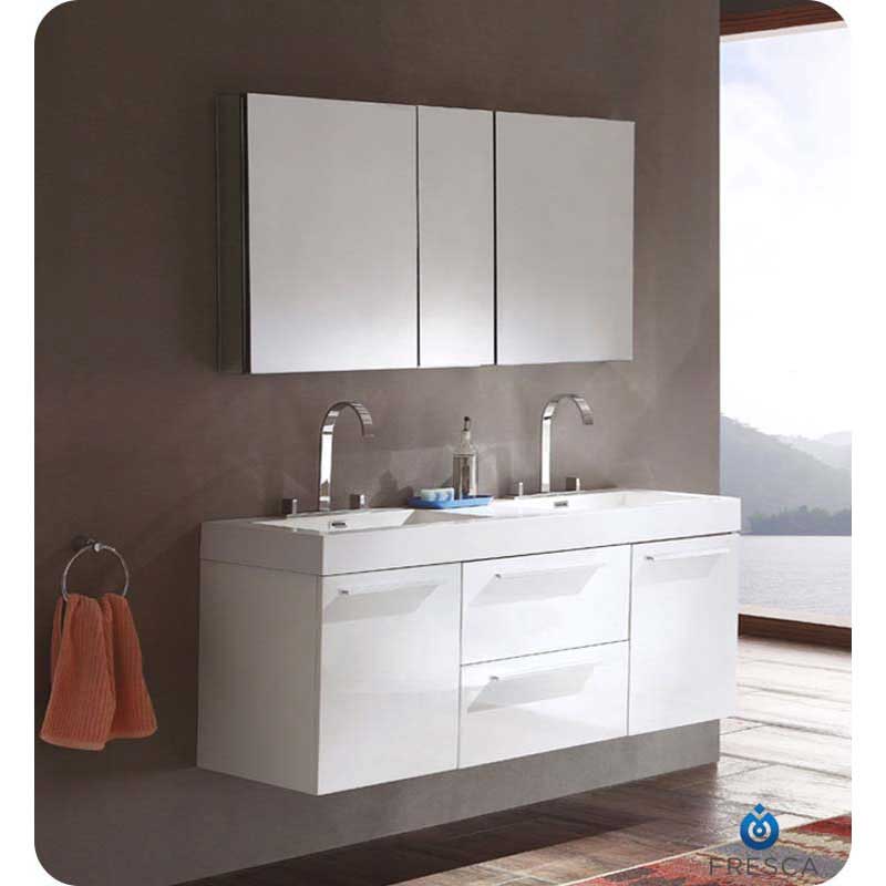 Fresca FVN8013WH Opulento White Modern Double Sink Bathroom Vanity with Medicine Cabinet
