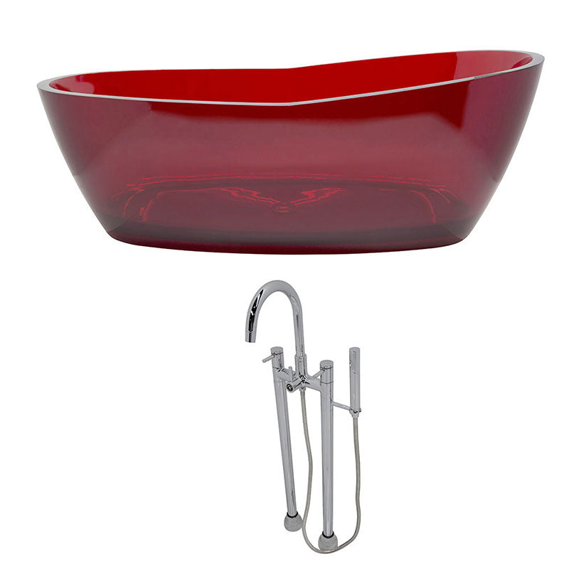 Anzzi Ember 5.4 ft. Man-Made Stone Center drain Freestanding Bathtub in Deep Red with Sol Freestanding Faucet in Chrome