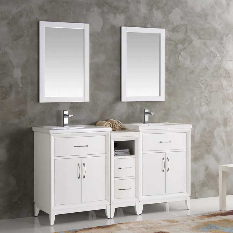 Fresca Cambridge 60" White Double Sink Traditional Bathroom Vanity with Mirrors 2