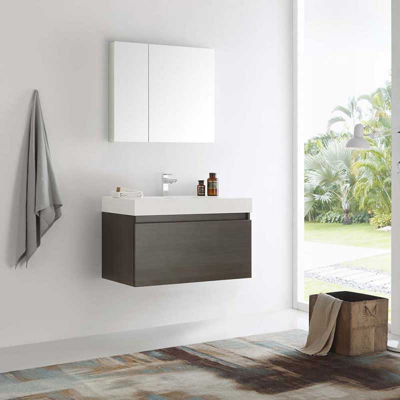 Fresca Mezzo 36" Gray Oak Wall Hung Modern Bathroom Vanity with Medicine Cabinet 2