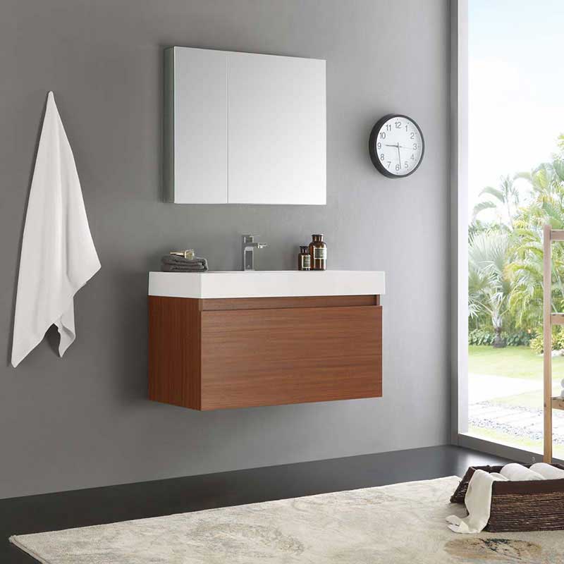Fresca Mezzo 36" Teak Wall Hung Modern Bathroom Vanity with Medicine Cabinet 2