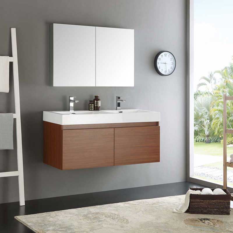 Fresca Mezzo 48" Teak Wall Hung Double Sink Modern Bathroom Vanity with Medicine Cabinet 2