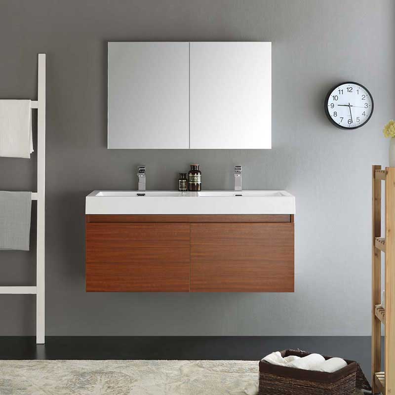 Fresca Mezzo 48" Teak Wall Hung Double Sink Modern Bathroom Vanity with Medicine Cabinet 3