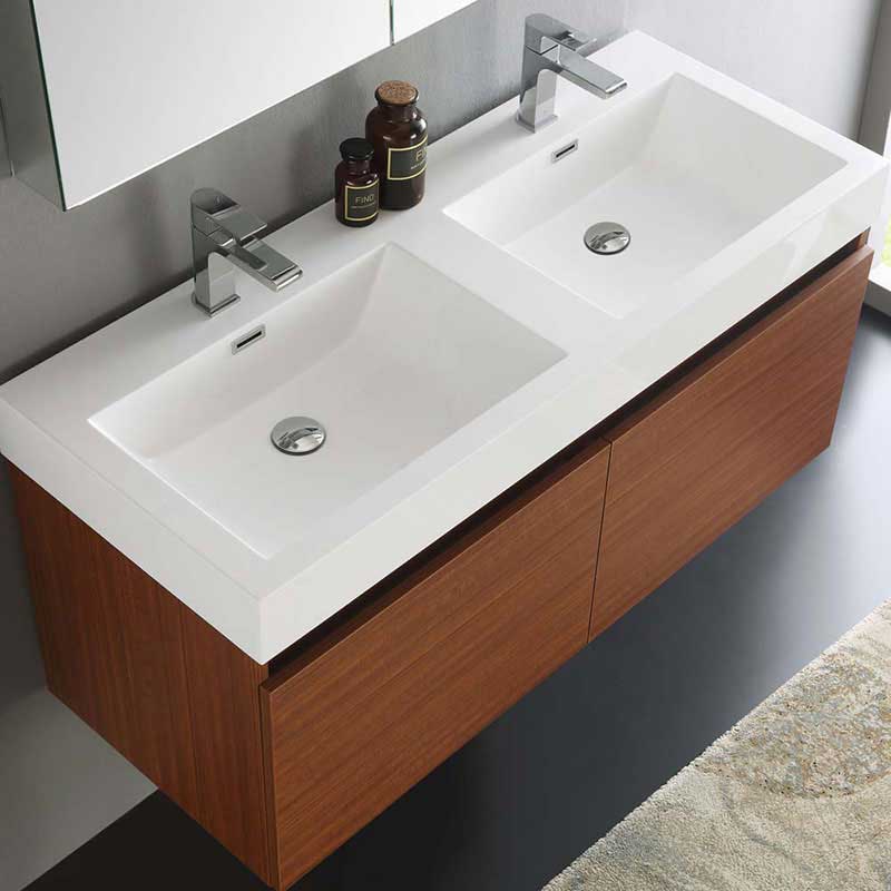 Fresca Mezzo 48" Teak Wall Hung Double Sink Modern Bathroom Vanity with Medicine Cabinet 5