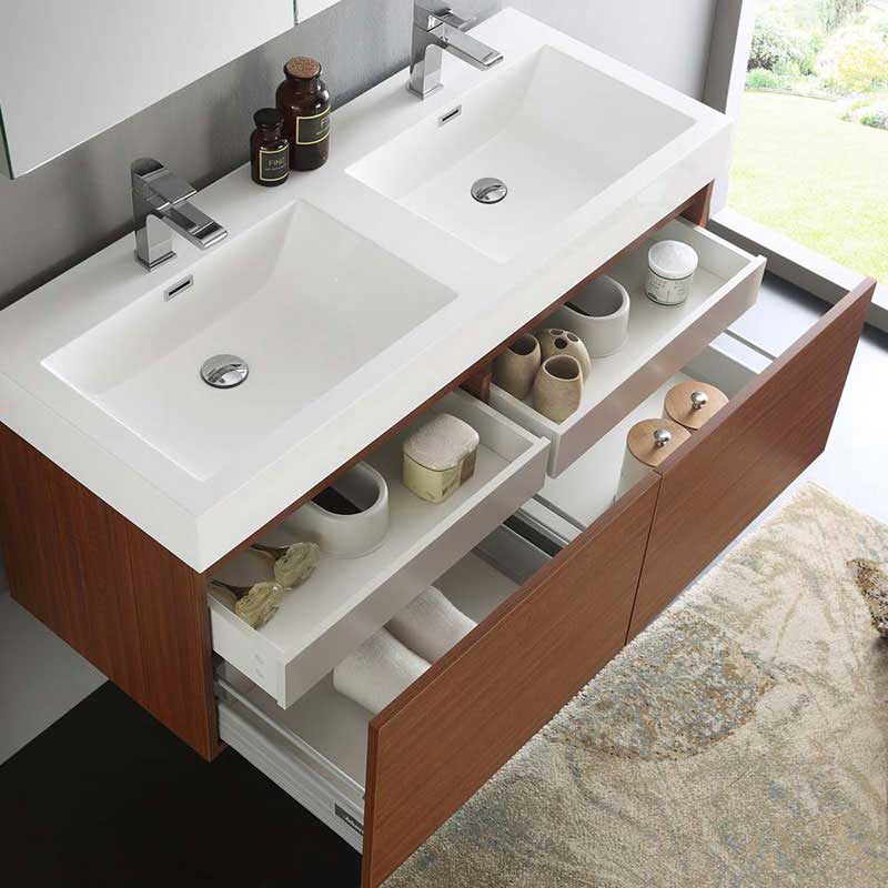 Fresca Mezzo 48" Teak Wall Hung Double Sink Modern Bathroom Vanity with Medicine Cabinet 6