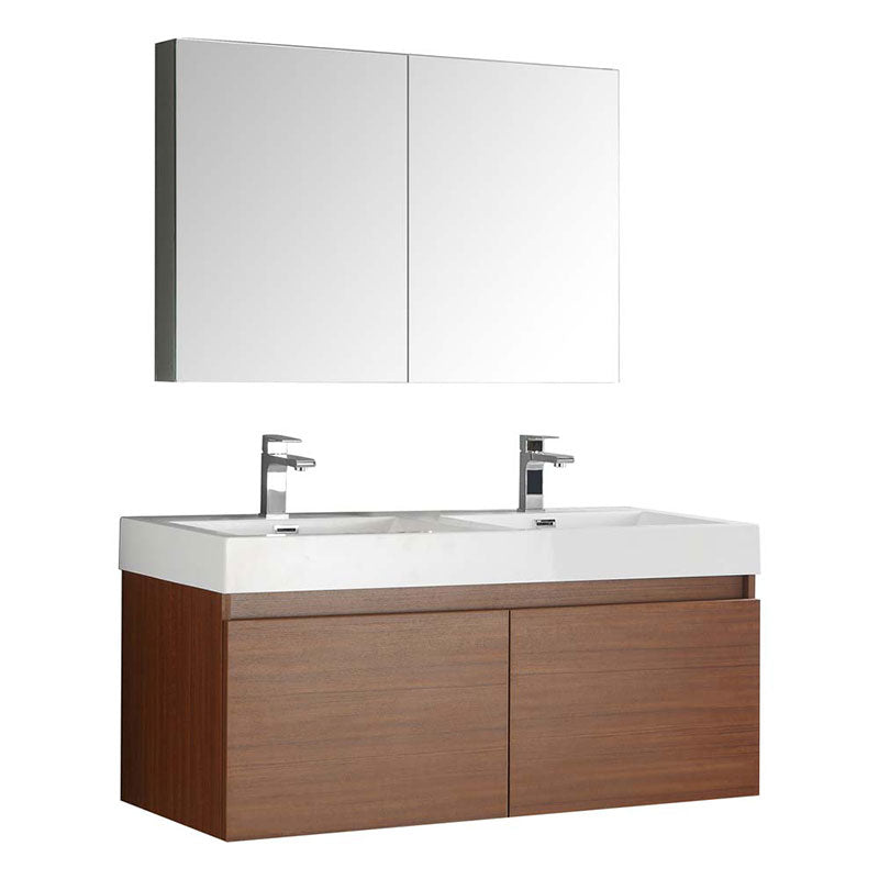 Fresca Mezzo 48" Teak Wall Hung Double Sink Modern Bathroom Vanity with Medicine Cabinet