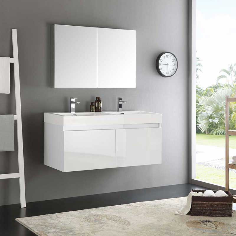 Fresca Mezzo 48" White Wall Hung Double Sink Modern Bathroom Vanity with Medicine Cabinet 2