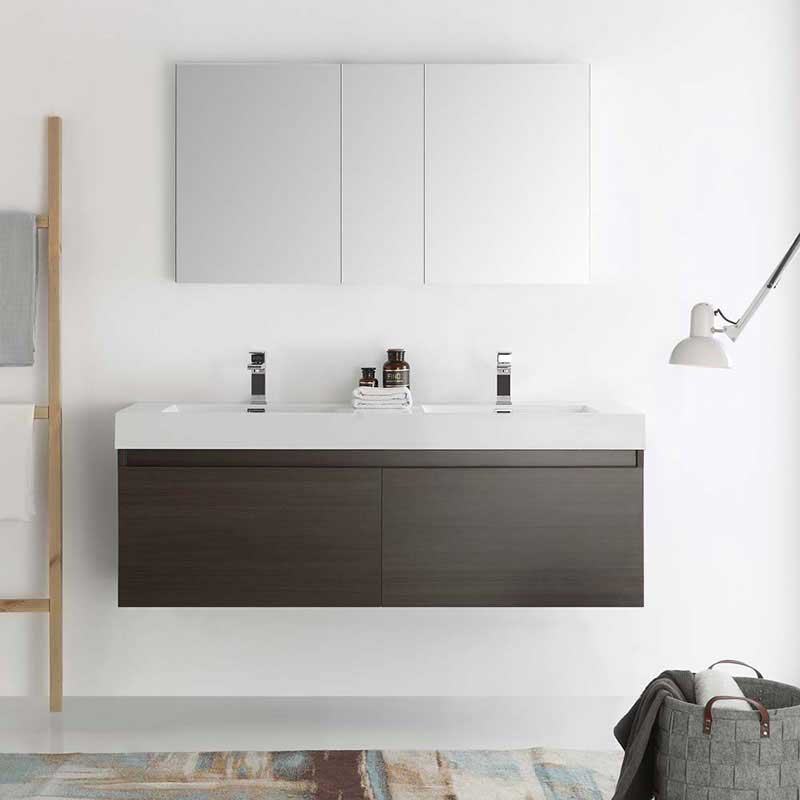 Fresca Mezzo 60" Gray Oak Wall Hung Double Sink Modern Bathroom Vanity with Medicine Cabinet 3