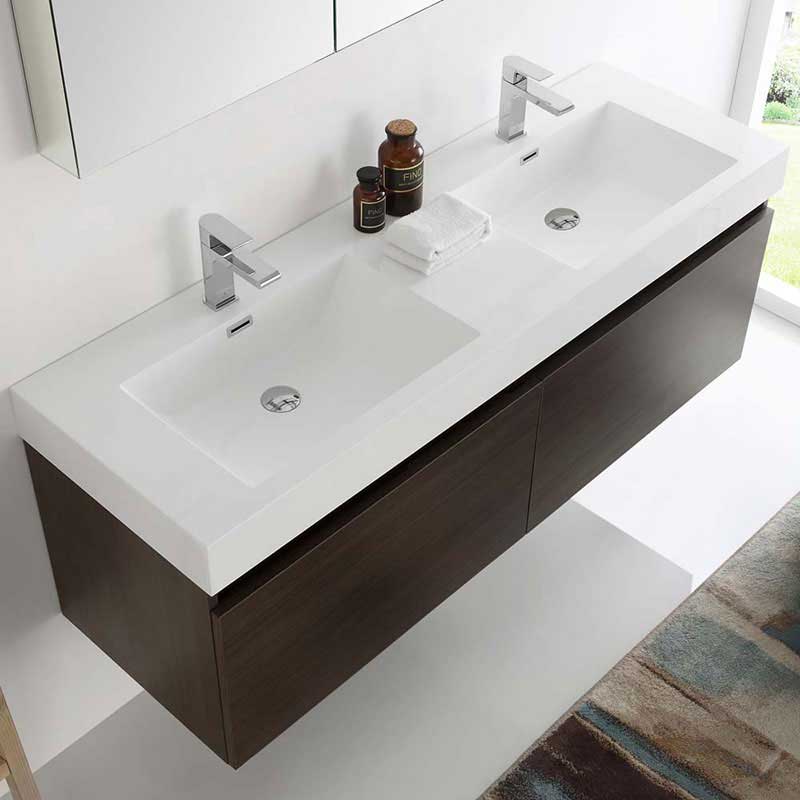Fresca Mezzo 60" Gray Oak Wall Hung Double Sink Modern Bathroom Vanity with Medicine Cabinet 5