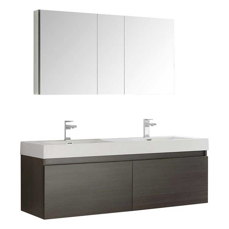 Fresca Mezzo 60" Gray Oak Wall Hung Double Sink Modern Bathroom Vanity with Medicine Cabinet