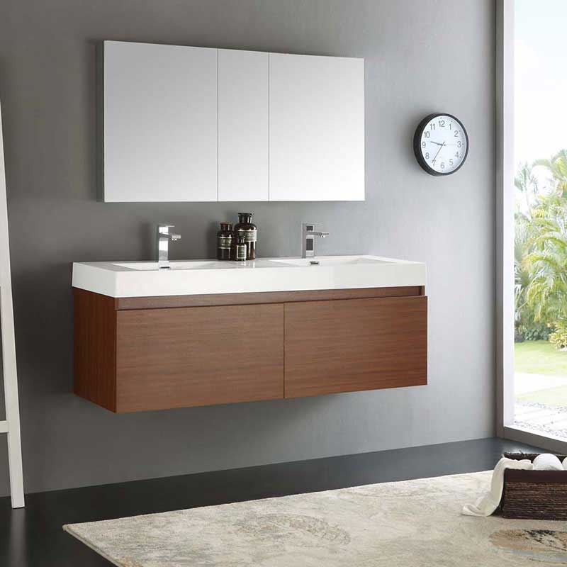 Fresca Mezzo 60" Teak Wall Hung Double Sink Modern Bathroom Vanity with Medicine Cabinet 2