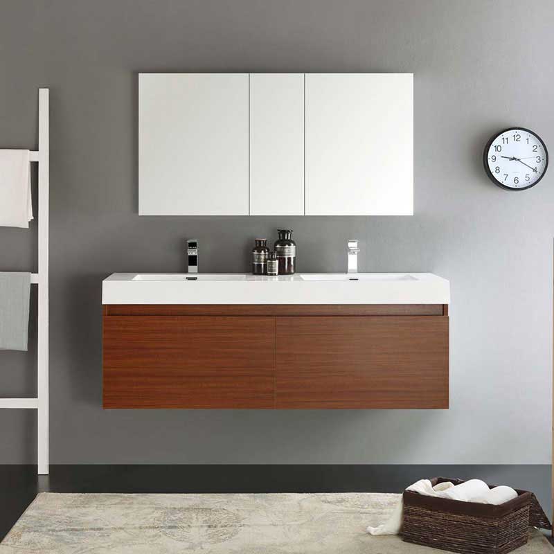 Fresca Mezzo 60" Teak Wall Hung Double Sink Modern Bathroom Vanity with Medicine Cabinet 3