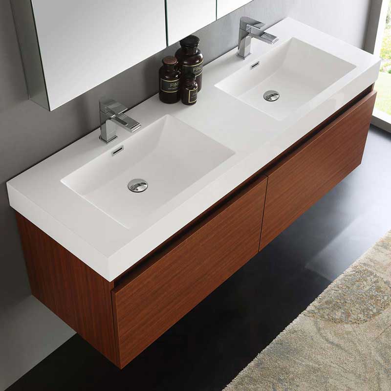 Fresca Mezzo 60" Teak Wall Hung Double Sink Modern Bathroom Vanity with Medicine Cabinet 5