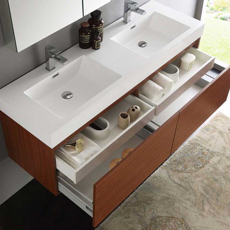 Fresca Mezzo 60" Teak Wall Hung Double Sink Modern Bathroom Vanity with Medicine Cabinet 6