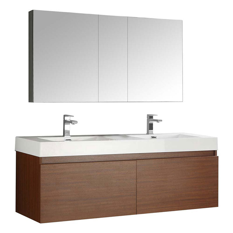 Fresca Mezzo 60" Teak Wall Hung Double Sink Modern Bathroom Vanity with Medicine Cabinet
