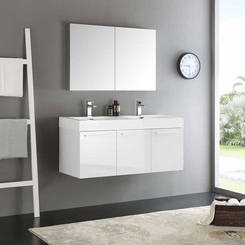 Fresca Vista 48" White Wall Hung Double Sink Modern Bathroom Vanity with Medicine Cabinet 2