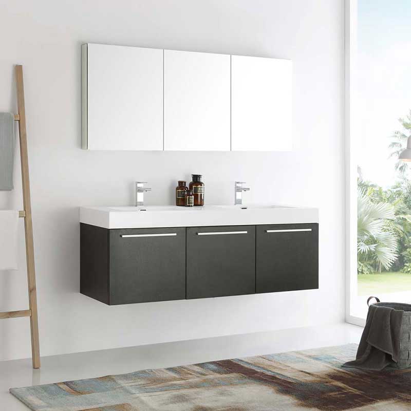 Fresca Vista 60" Black Wall Hung Double Sink Modern Bathroom Vanity with Medicine Cabinet 2
