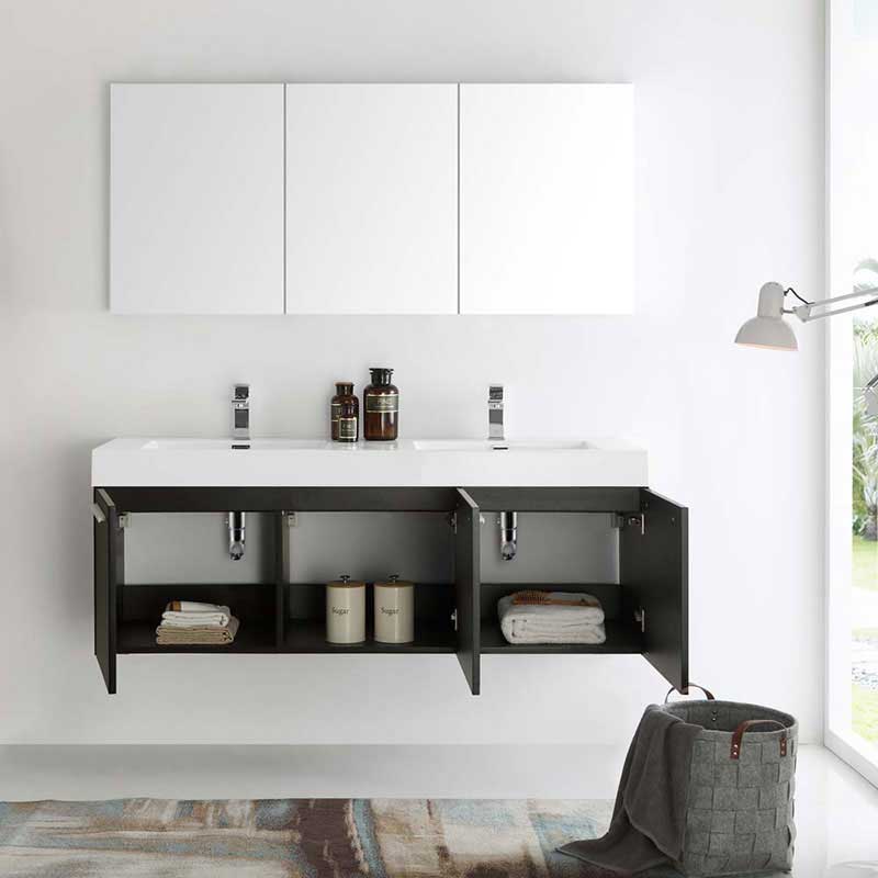 Fresca Vista 60" Black Wall Hung Double Sink Modern Bathroom Vanity with Medicine Cabinet 4