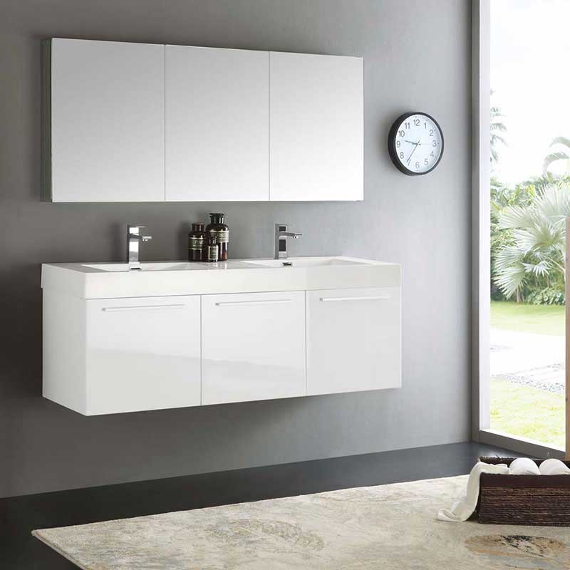 Fresca Vista 60" White Wall Hung Double Sink Modern Bathroom Vanity with Medicine Cabinet 2