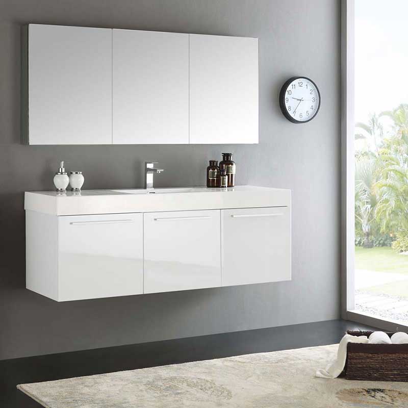 Fresca Vista 60" White Wall Hung Single Sink Modern Bathroom Vanity with Medicine Cabinet 2