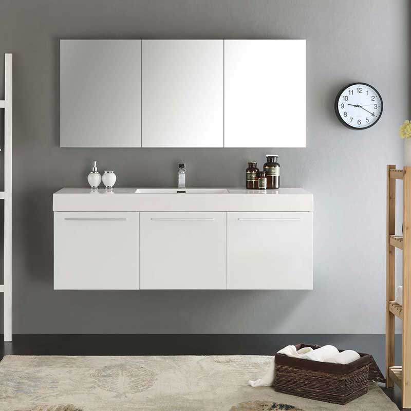 Fresca Vista 60" White Wall Hung Single Sink Modern Bathroom Vanity with Medicine Cabinet 3