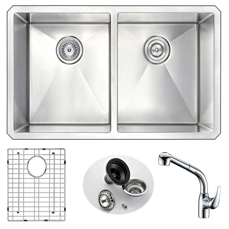 Anzzi VANGUARD Undermount Stainless Steel 32 in. Double Bowl Kitchen Sink and Faucet Set with Harbour Faucet in Chrome