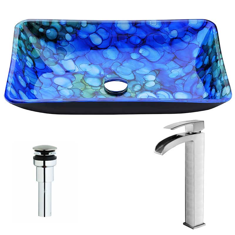 Anzzi Voce Series Deco-Glass Vessel Sink in Lustrous Blue with Key Faucet in Brushed Nickel