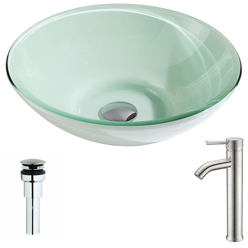 Anzzi Sonata Series Deco-Glass Vessel Sink in Lustrous Light Green with Fann Faucet in Polished Chrome