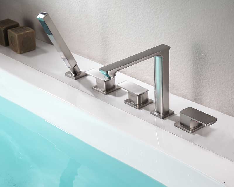 Anzzi Shore 3-Handle Deck-Mount Roman Tub Faucet with Handheld Sprayer in Brushed Nickel FR-AZ102BN 3