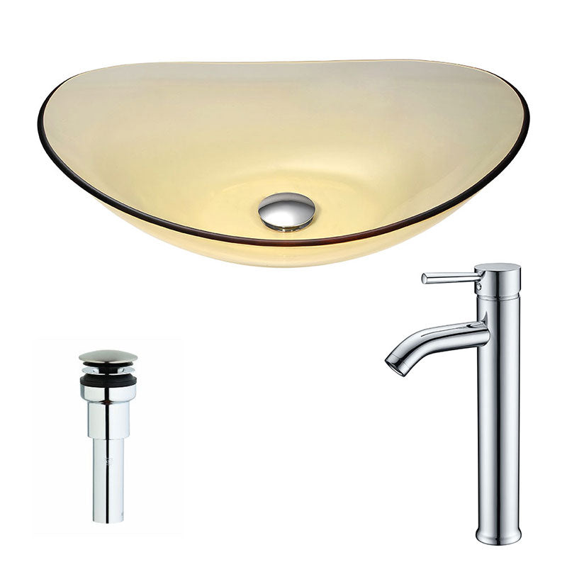 Anzzi Mesto Series Deco-Glass Vessel Sink in Lustrous Translucent Gold with Fann Faucet in Chrome