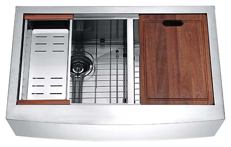 Anzzi Aegis Farmhouse Stainless Steel 33 in. 0-Hole 60/40 Double Bowl Kitchen Sink with Cutting Board and Colander K-AZ3320-4Ac