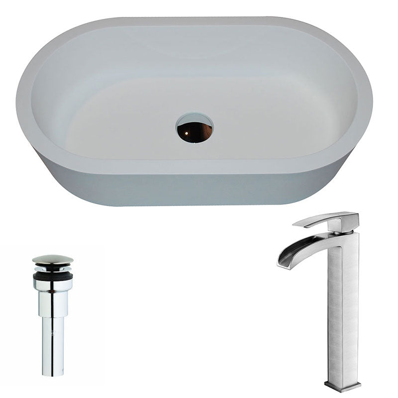 Anzzi Vaine Series 1-Piece Man Made Stone Vessel Sink in Matte White with Key Faucet in Brushed Nickel