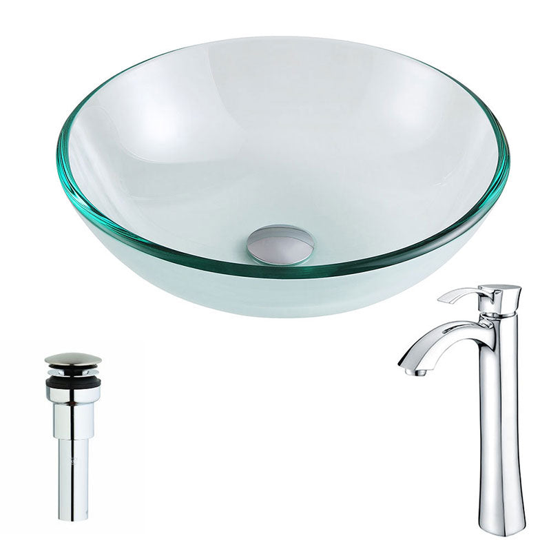 Anzzi Etude Series Deco-Glass Vessel Sink in Lustrous Clear Finish with Harmony Faucet in Chrome