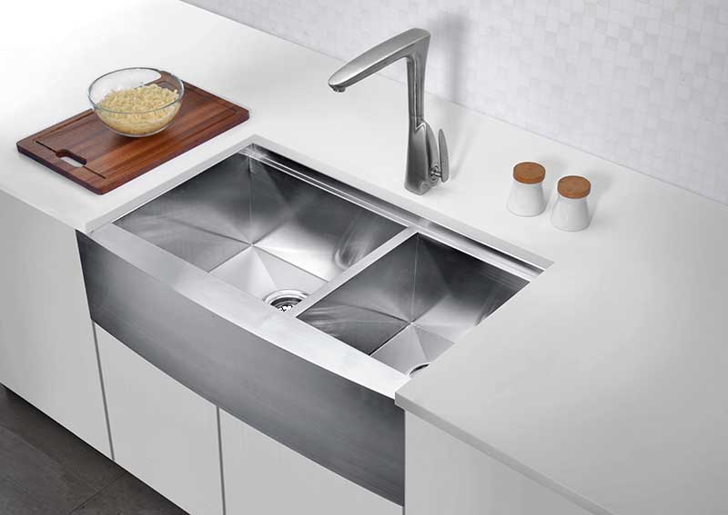 Anzzi Aegis Farmhouse Stainless Steel 33 in. 0-Hole 60/40 Double Bowl Kitchen Sink with Cutting Board and Colander K-AZ3320-4Ac 3
