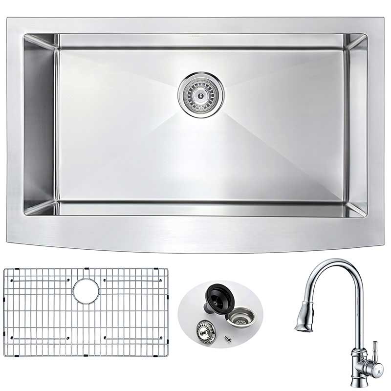 Anzzi ELYSIAN Farmhouse Stainless Steel 32 in. 0-Hole Kitchen Sink and Faucet Set with Sails Faucet in Polished Chrome