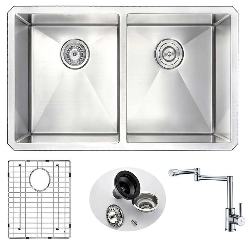 Anzzi VANGUARD Undermount Stainless Steel 32 in. Double Bowl Kitchen Sink and Faucet Set with Manis Faucet in Polished Chrome