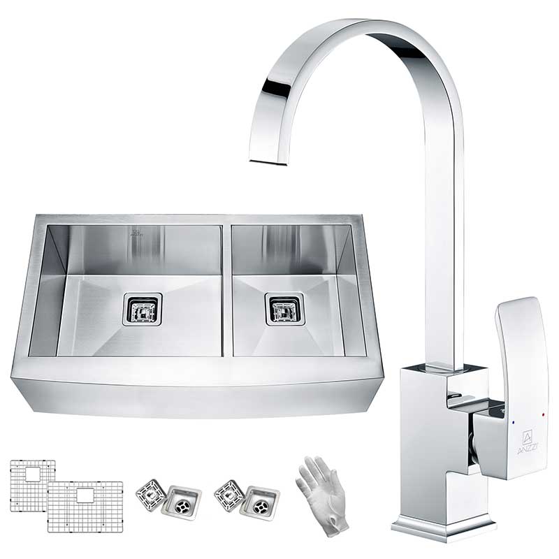 Anzzi Elysian Farmhouse 36 in. 60/40 Double Bowl Kitchen Sink with Faucet in Polished Chrome KAZ36203AS-035