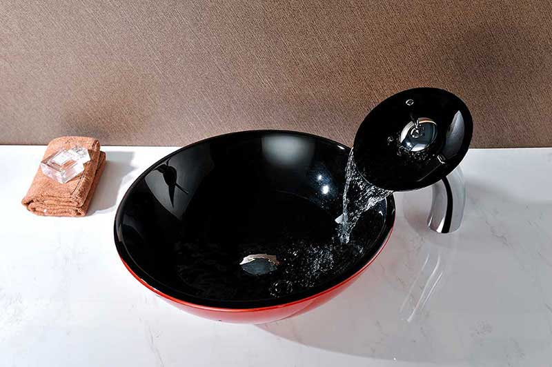 Anzzi Chord Series Deco-Glass Vessel Sink in Lustrous Black and Red with Matching Chrome Waterfall Faucet 10