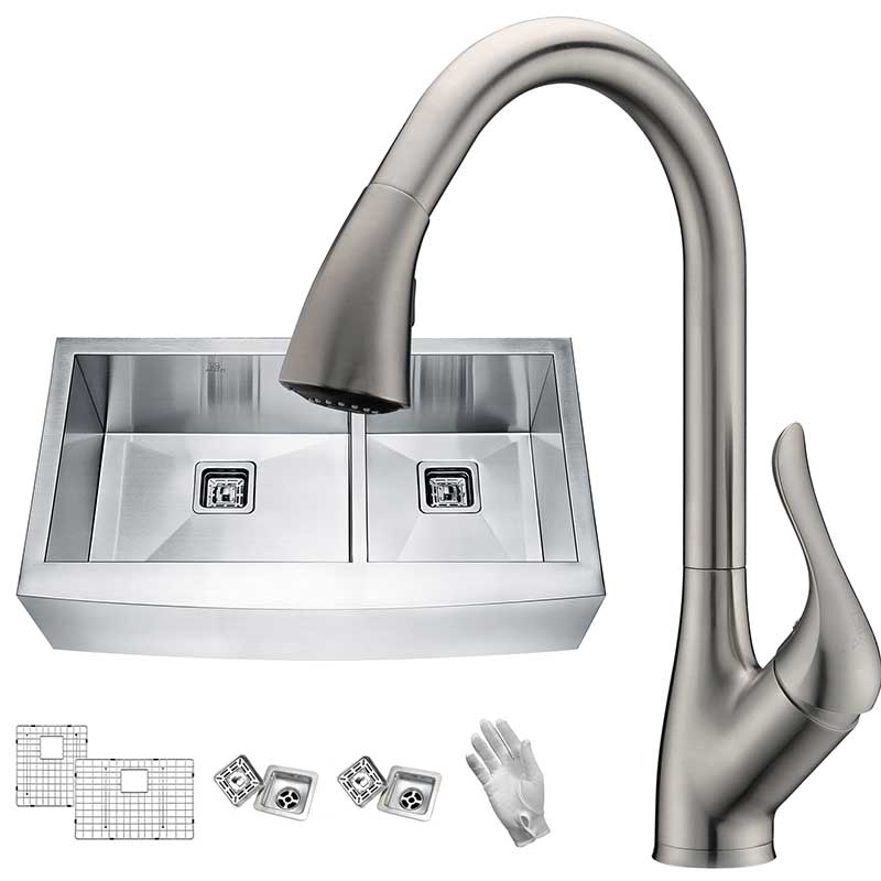 Anzzi Elysian Farmhouse 36 in. 60/40 Double Bowl Kitchen Sink with Faucet in Brushed Nickel KAZ36203AS-031B