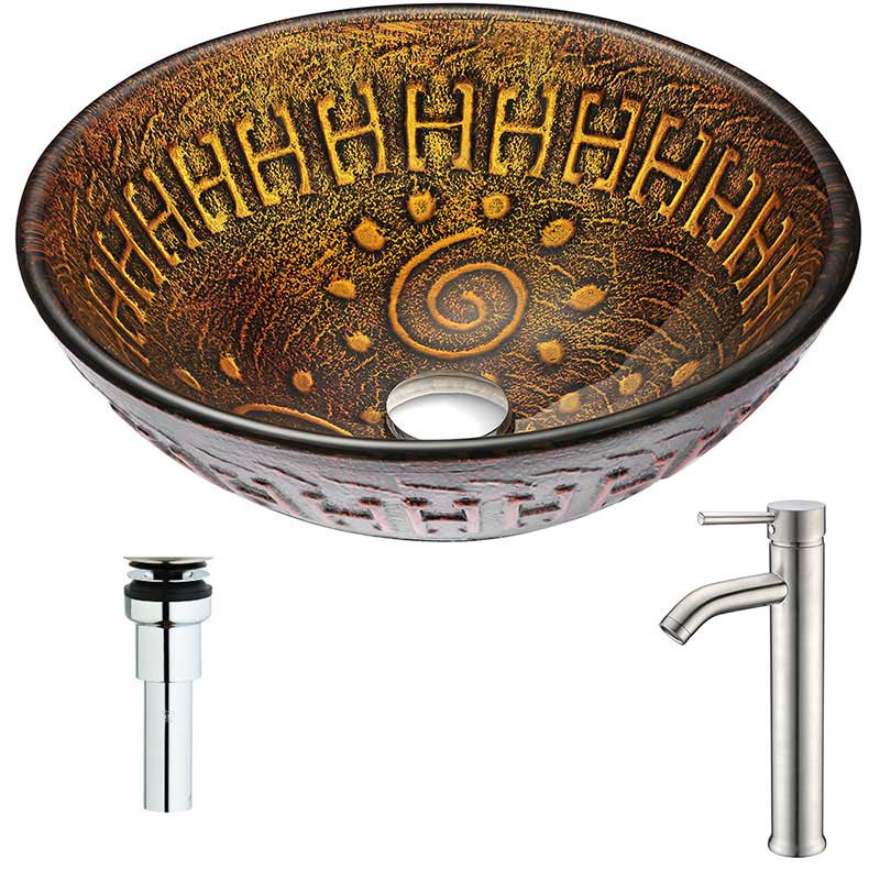 Anzzi Opus Series Deco-Glass Vessel Sink in Lustrous Brown with Fann Faucet in Polished Chrome