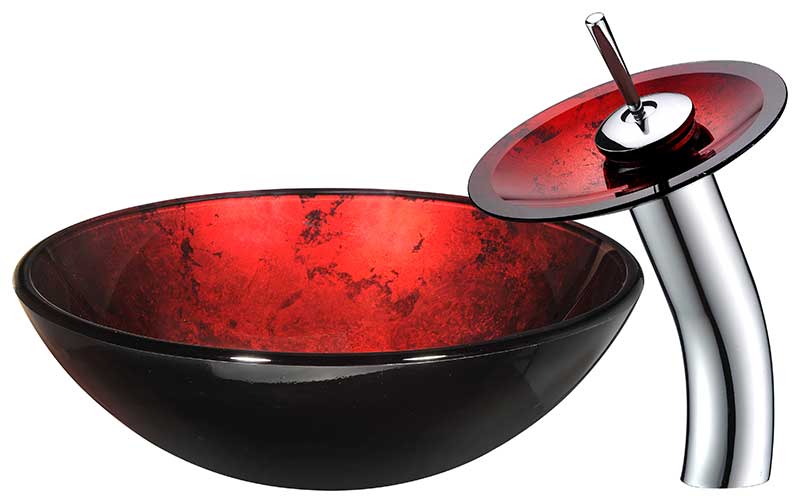 Anzzi Marumba Deco-Glass Vessel Sink in Tempered Red and Black with Matching Chrome Waterfall Faucet LS-AZ8089 10