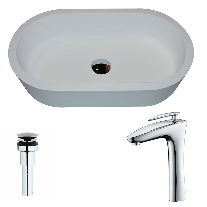 Anzzi Vaine One Piece Man Made Stone Vessel Sink in Matte White with Crown Faucet in Chrome