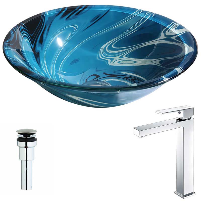 Anzzi Symphony Series Deco-Glass Vessel Sink in Lustrous Dark Blue with Enti Faucet in Chrome