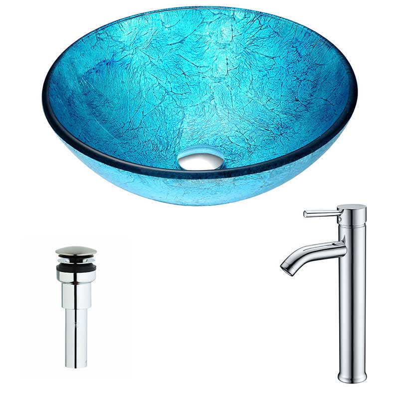 Anzzi Accent Series Deco-Glass Vessel Sink in Emerald Ice with Fann Faucet in Chrome