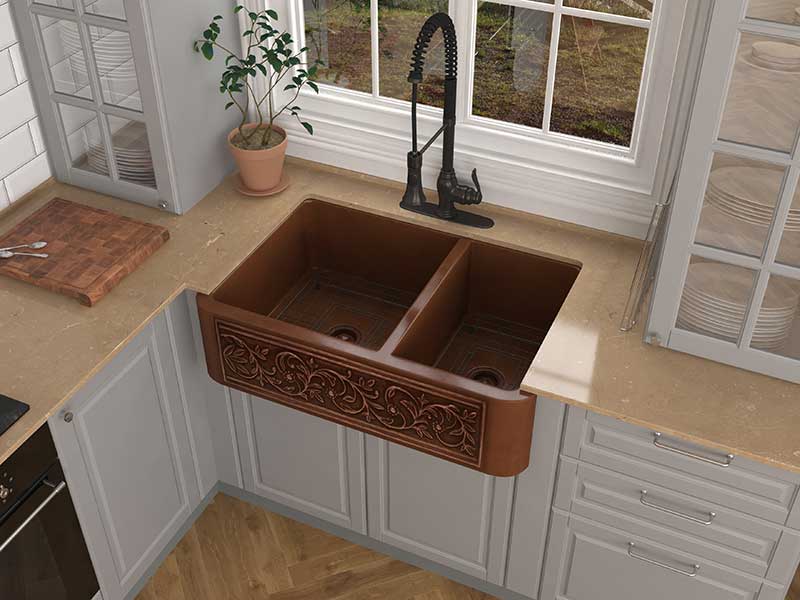 Anzzi Moesia Farmhouse Handmade Copper 33 in. 60/40 Double Bowl Kitchen Sink with Floral Design in Polished Antique Copper SK-010 3