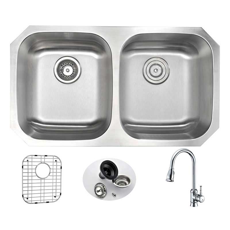 Anzzi MOORE Undermount Stainless Steel 32 in. Double Bowl Kitchen Sink and Faucet Set with Sails Faucet in Polished Chrome