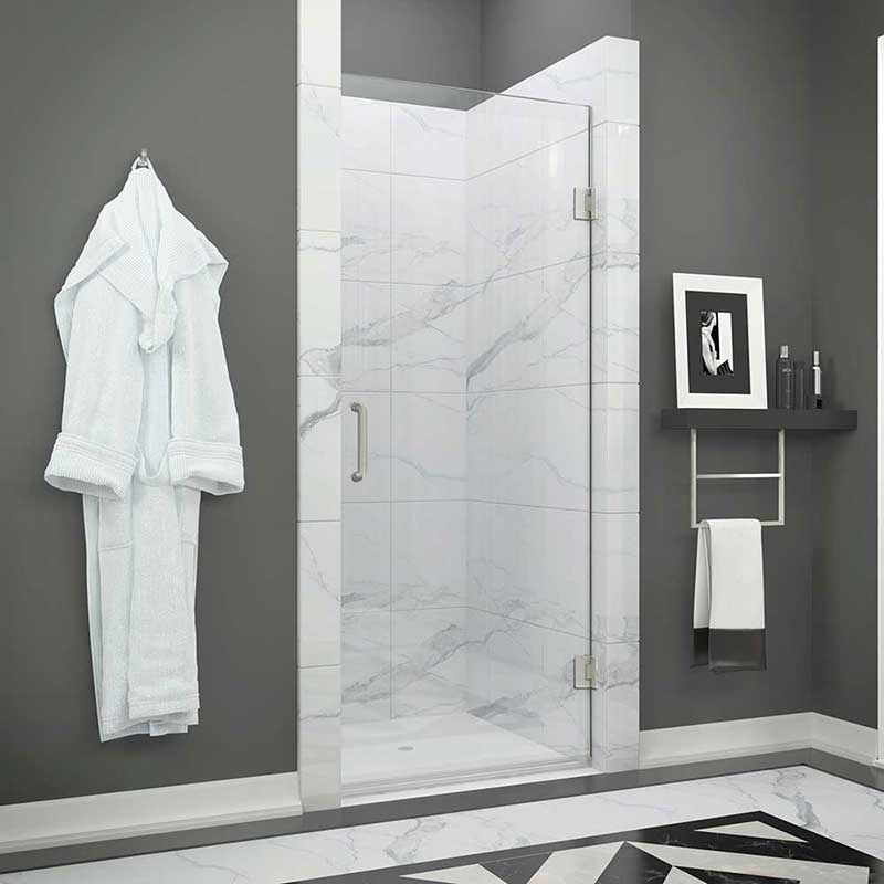 Anzzi FELLOW Series 30 in. by 72 in. Frameless Hinged shower door in Brushed Nickel with Handle